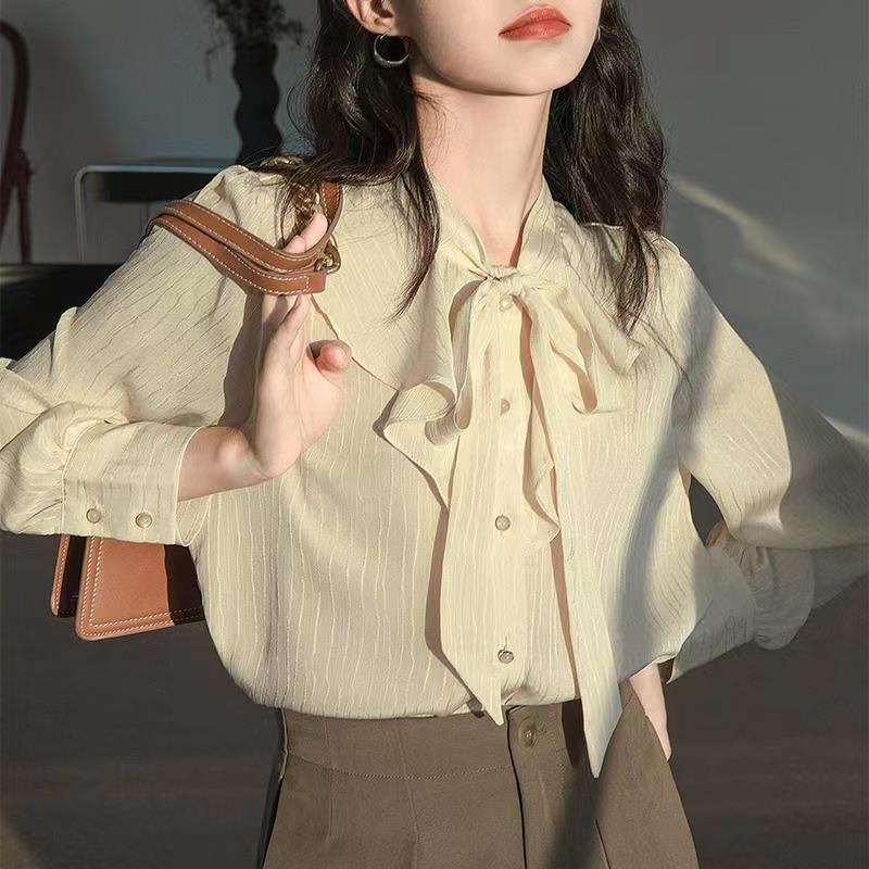 Áo Sơ Mi Voan Mỏng Dáng Rộng Tay Dài Thắt Nơ Ruy Băng Kiểu retro Pháp Thời Trang Thu Đông Hàng Mới 2086