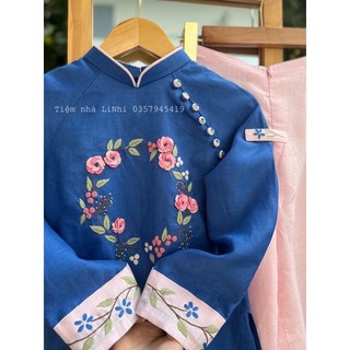 set áo dài linen tưng premium , thêu hoa nổi  thêu 2 tay, giá bao gồm thêu, áo kèm quần