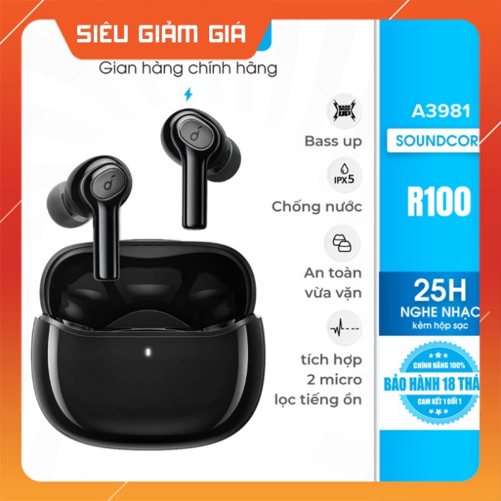 Tai nghe bluetooth SOUNDCORE (by ANKER) R100 True Wireless, 25 giờ nghe nhạc, chống nước IPX5, tích hợp 2 mic - A3981