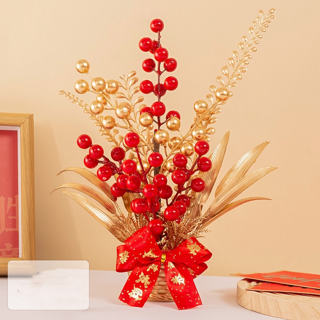 Chậu hoa phong thủy màu đỏ - Cành hoa đào đông - Cành Lá Vàng Hút Tài Lộc Trang Trí Nhà Dịp Lễ Tết Năm Mới