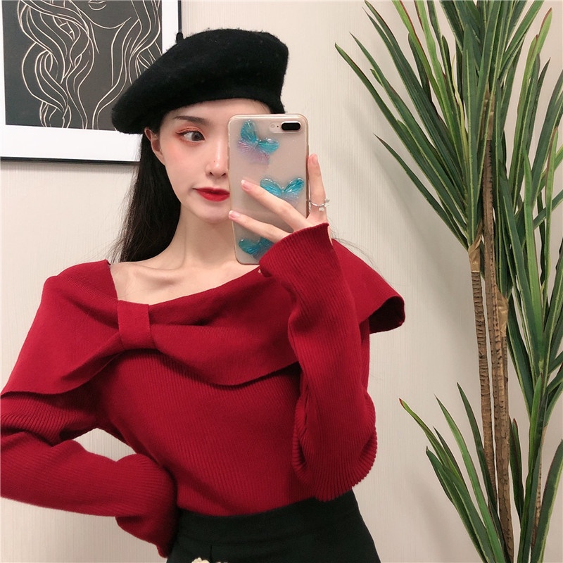 Áo dệt kim SUXI tay dài hở vai thời trang mùa thu cho nữ