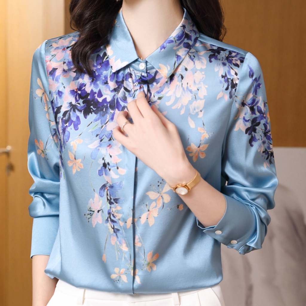 Áo Sơ Mi Lụa Satin Tay Dài In Hoa Thời Trang Mùa Xuân 2023