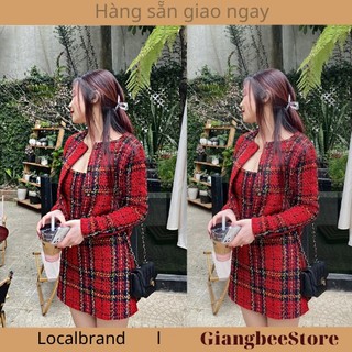 Set dạ đẹp set dạ kẻ đỏ phối màu áo 2 dây kèm áo khoác hàng quảng châu loại 1 - jangnina shop
