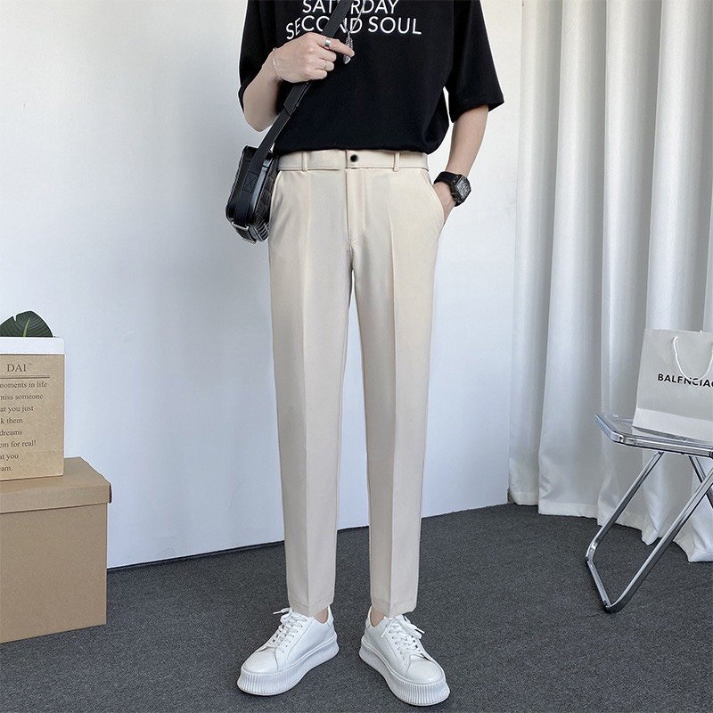 Quần Âu Nam Màu Be Vải Vintage 100% Kiểu Dáng Baggy Ống Rộng Dáng Suôn Phong Cách Hàn Quốc