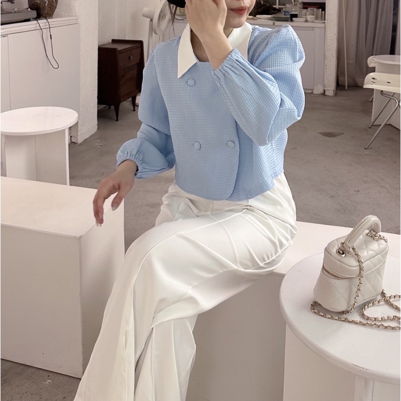 SET ÁO XANH XỐP TAY BO ĐÍNH NÚT CỔ TRẮNG + QUẦN SUÔNG TRẮNG XẺ (TH)