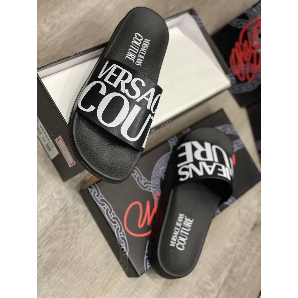 Dép Nam Versace Jeans Couture Logo Slippers In Black Màu Đen