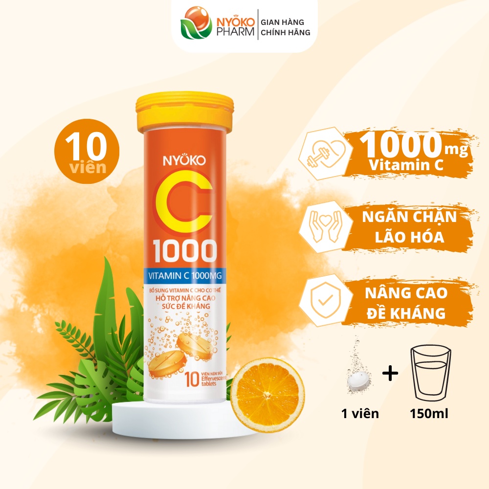 Viên sủi vitamin C1000 Nyoko hương cam tăng cường sức khỏe, nâng cao đề kháng hộp 1 lọ 10 viên