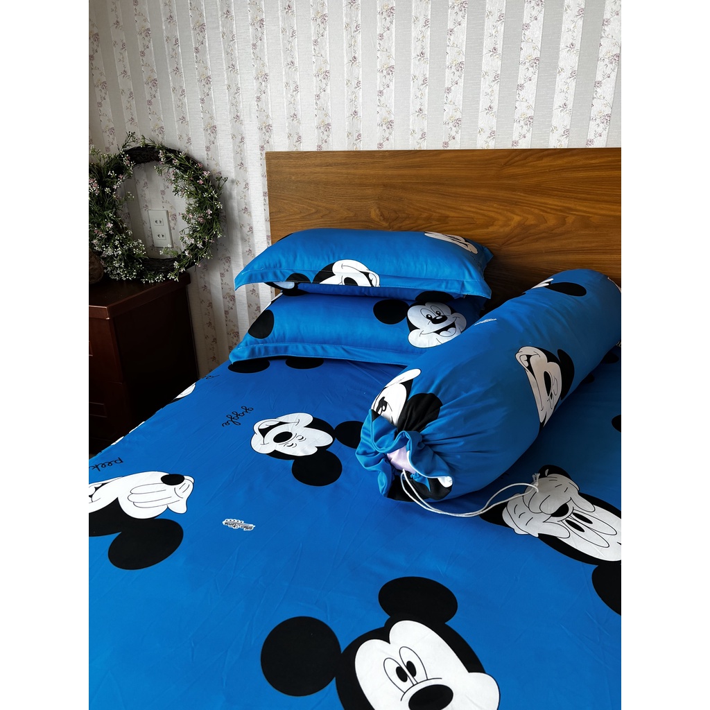 Bộ ga thun lạnh Mickey xanh 4 món ga thun hàn quốc chuyên dra thun lạnh đủ kích thước ga nệm 1m6, 1m8