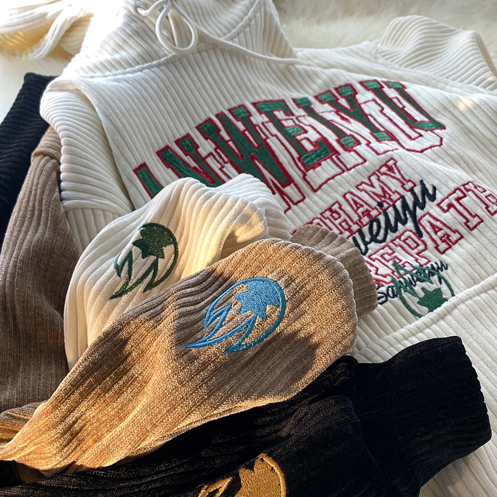 Áo Hoodies Nhung Kẻ Hoạ Tiết Chữ Thêu Thiết Kế Dáng Rộng Thoải Mái