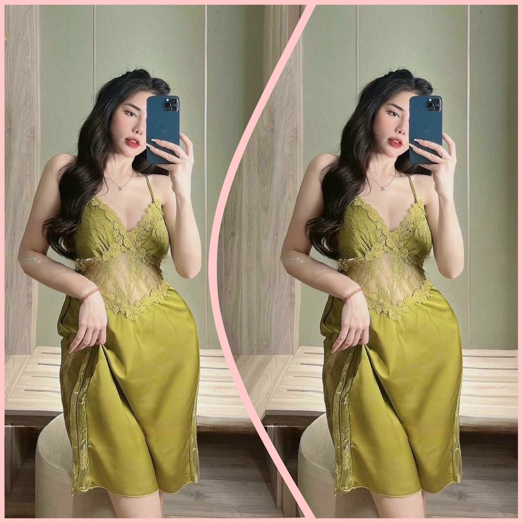 ✅✅Đầm ngủ 2 dây ✅ đầm ngủ lụa satin ren lưới cột nơ -đầm ngủ sexy 2 dây cao cấp