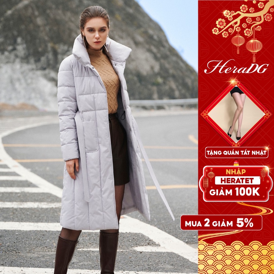 Áo khoác phao nữ dáng dài HeraDG phối trần bông ngang dọc công nghệ nhồi bông Nano cao cấp cổ bẻ túi ốp thân WJKBB2001