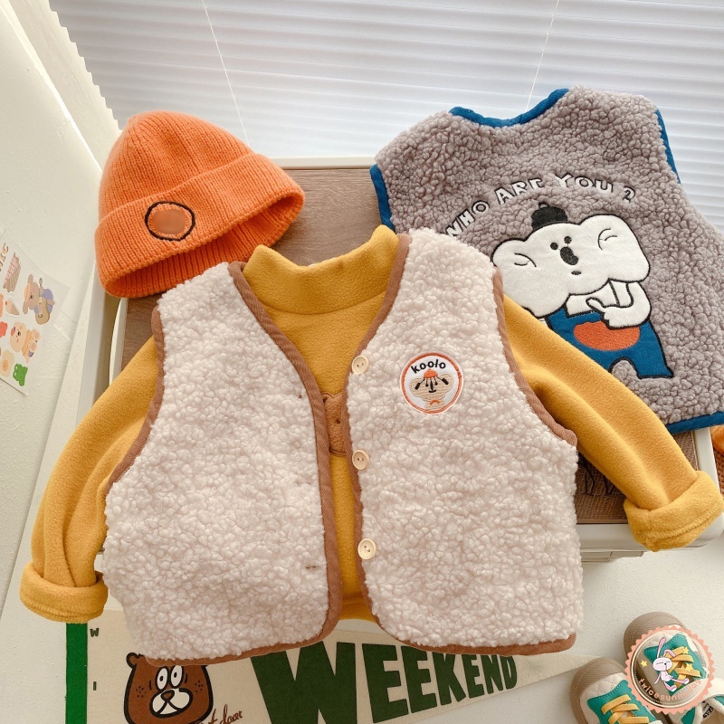 Áo Khoác Lông Cừu Không Tay Thêu Họa Tiết Hoạt Hình Xinh Xắn Dành Cho Bé