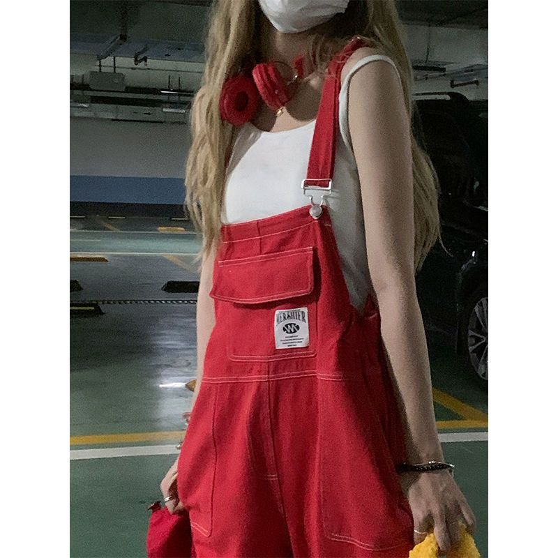 Quần yếm nữ ulzzang denim màu đỏ tươi viền chỉ nổi túi hộp phong cách E-girl