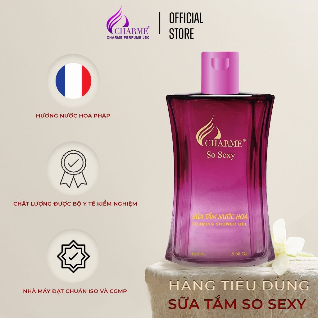 Sữa tắm nước hoa, Charme So Sexy, dòng sữa tắm trắng da, dưỡng ẩm toàn thân, dưỡng da trắng sáng, 250ml