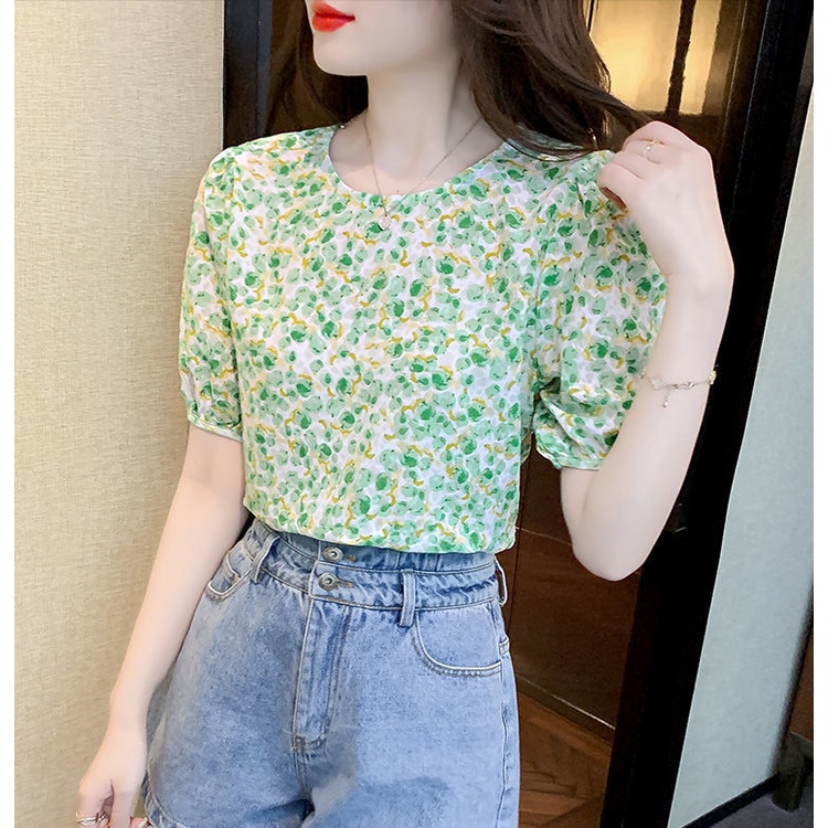 Áo Sơ Mi Chiffon Cổ Tròn Tay Ngắn In Họa Tiết Hoa Phong Cách Hàn Quốc Thời Trang Mùa Hè Cho