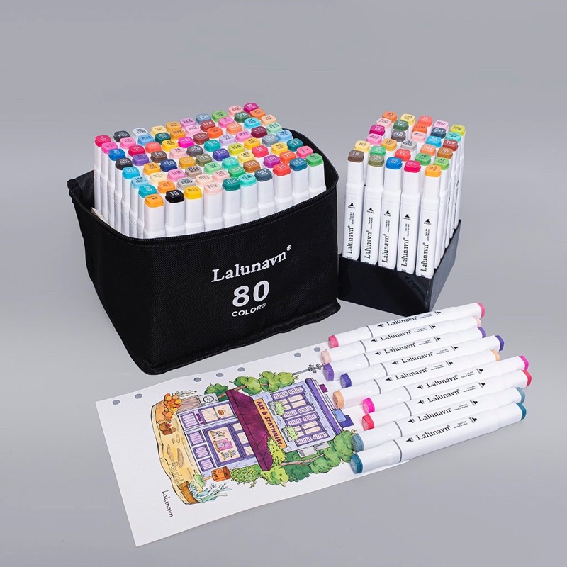 Màu marker Lalunavn bộ 24/36 túi vải đen quay xách tiện dụng, có khay đế nhựa - B65