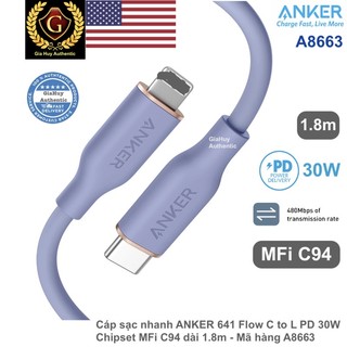  Cáp sạc nhanh 14 SERlES 13 SERlES ANKER 641 Flow C to L PD 30W chứng nhận M.F.l C94 dài 1.8m - Mã hàng A8663 