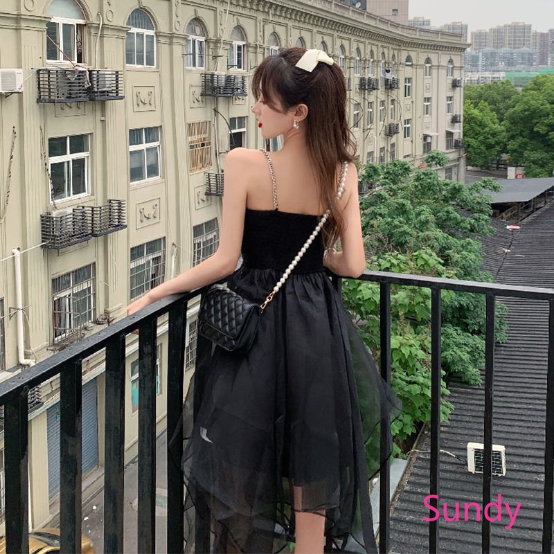 Đầm Hai Dây Dáng Rộng Phối Lưới Thời Trang Xuân Thu Dành Cho Nữ