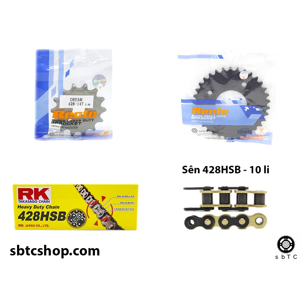 NSD Nhông dĩa RECTO sên RK đen vàng 428HSB Suzuki Axelo 125 chính hãng