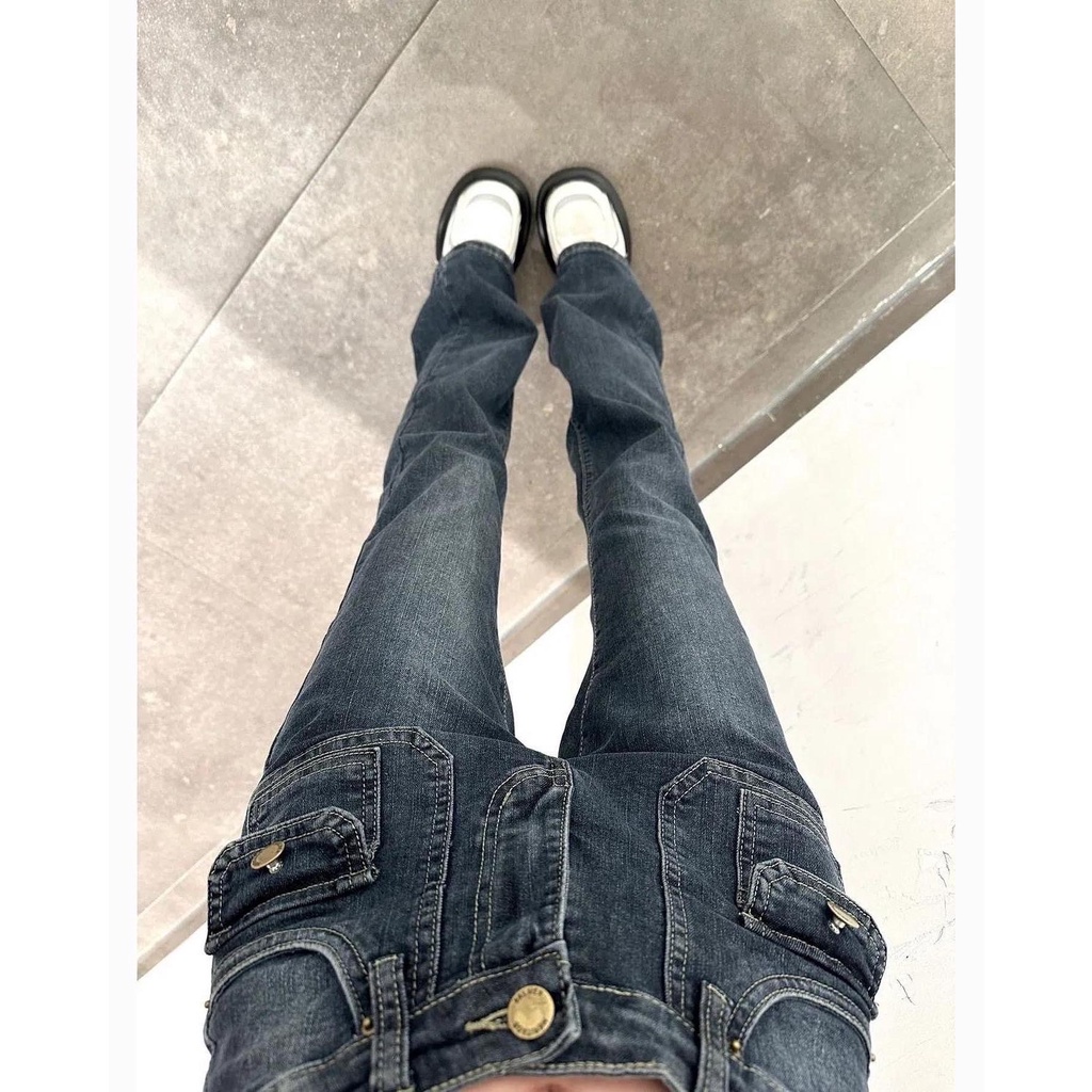 Quần jeans nữ ống loe màu đậm loang cạp dưới rốn kiểu túi hộp bé 2 bên phong cách hàn quốc