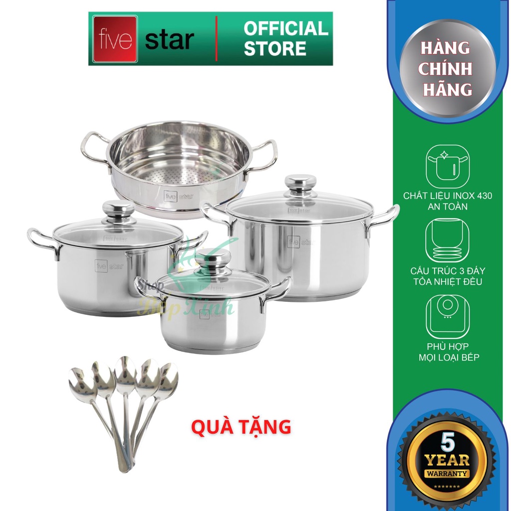 Bộ nồi xửng hấp inox 430 cao cấp Fivestar Standard 4 món nắp kính tặng 5 muỗng ăn , 3 đáy dùng được mọi bếp