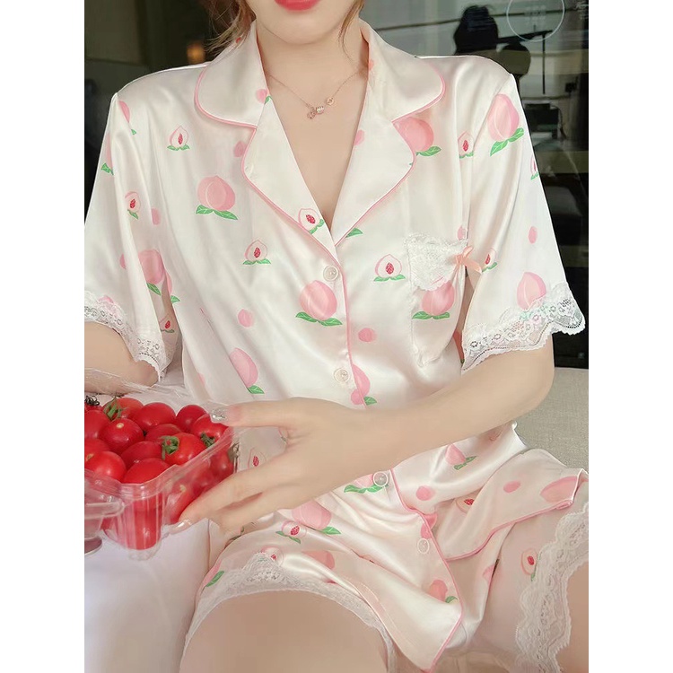Bộ Ngủ Mặc Nhà Pijama Lụa  Cộc Tay, Nữ Tính Phong Cách Hàn Quốc  2023