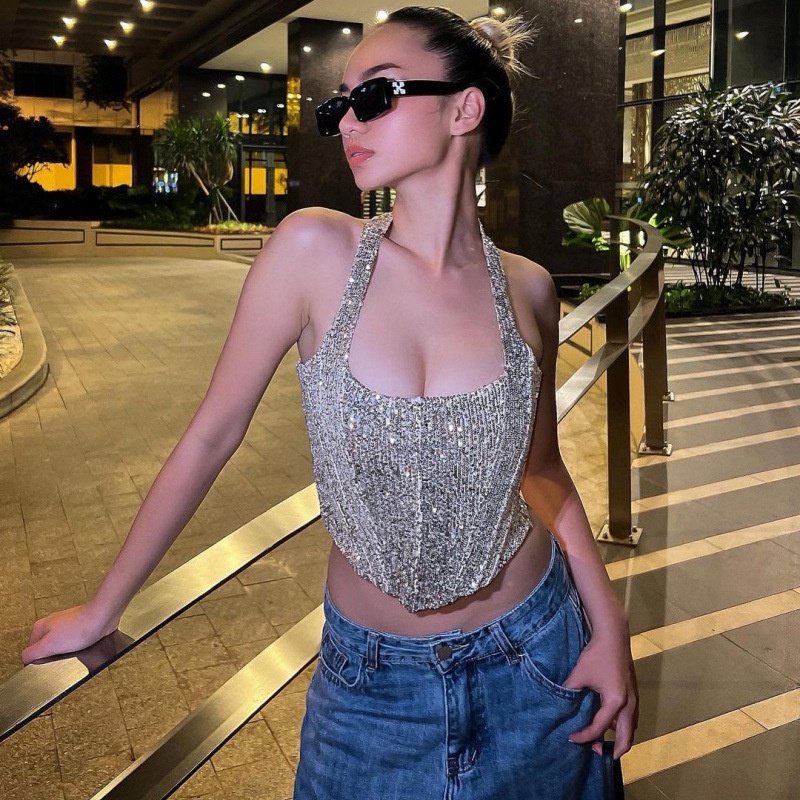 Klalien Áo Hai Dây Hở Lưng Ôm Dáng Đính Kim Sa Lấp Lánh Đa Năng