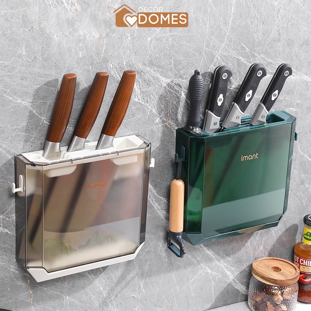 Hộp cài dao gắn tường tiện lợi tích hợp móc treo đồ, Khay cắm dao gắn tường nhựa PP có khay hứng nước thừa