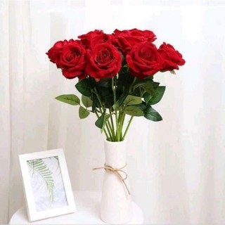 Cành hoa hồng nhung giả, cành 1 bông, hoa giả cao cấp