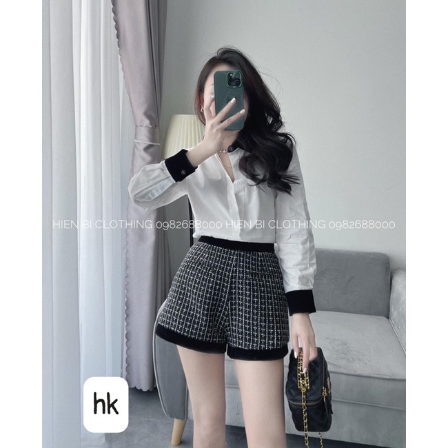 Set bộ sơ mi cổ đen quần short dạ cao cấp