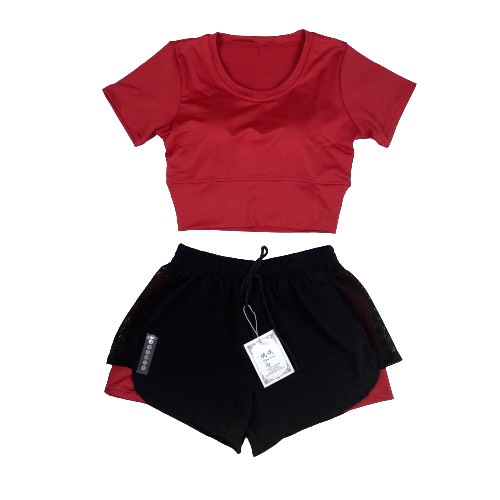 Bộ thể thao nữ áo croptop kết hợp quần đùi 2 lớp phối lưới chất đẹp