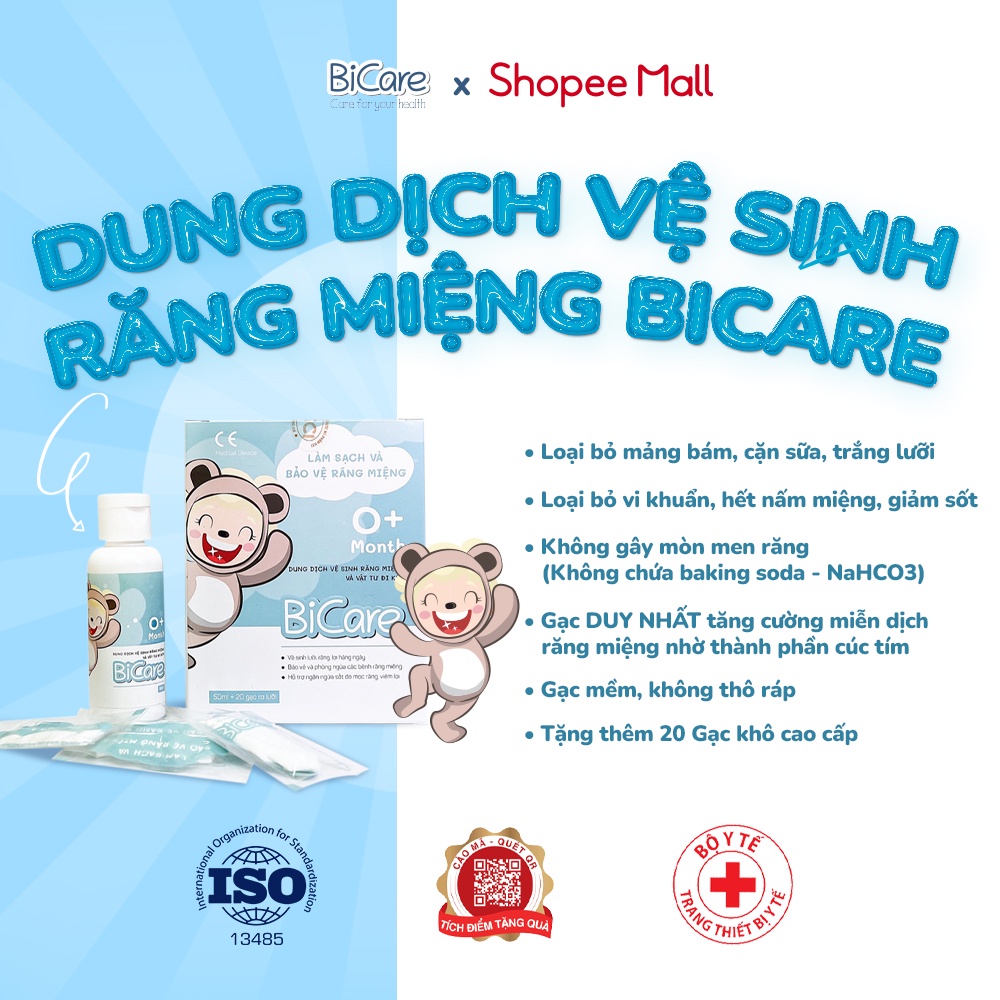 Dung Dịch Rơ Lưỡi Bicare Vệ Sinh Răng Miệng Cho Bé 50ml Và 20 Gạc Khô