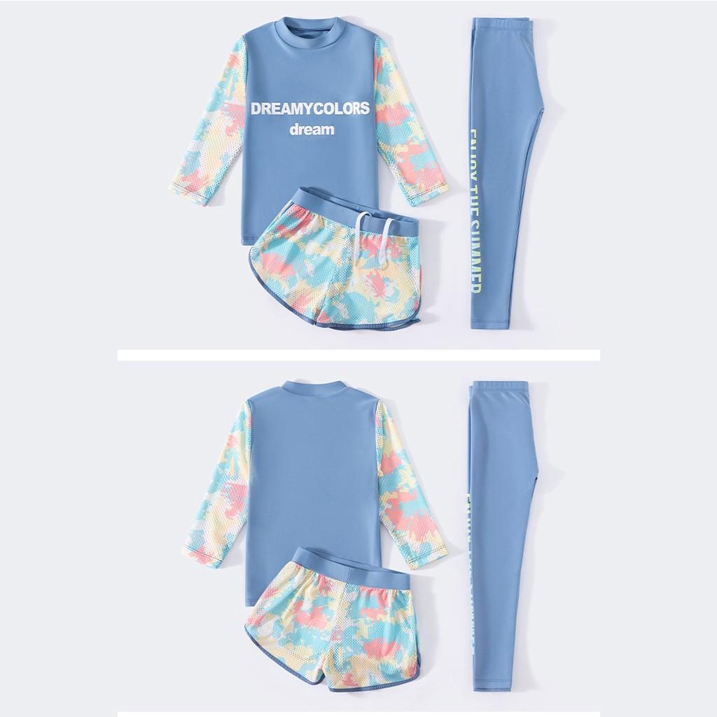 Đồ bơi bé gái, tay dài quần dài chống nắng, set 3 món, phối vải lưới trẻ trung màu sắc tươi sáng size từ 14kg - 38kg