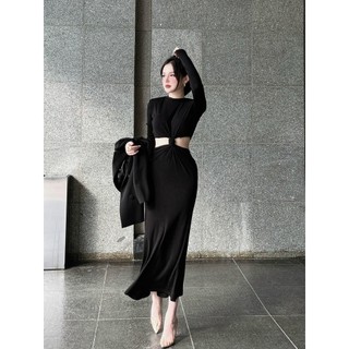 Đầm xoắn eo hai màu tay dai