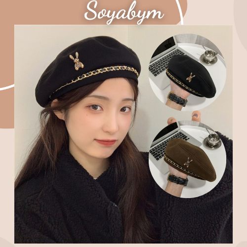 Mũ nồi, mũ beret nữ phối dây xích hình thỏ Soyabym cao cấp phong cách Hàn Quốc dễ thương