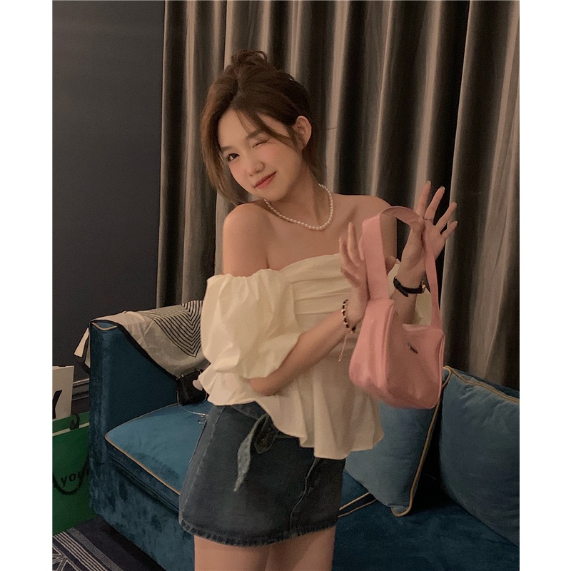 HUANG YOYO Áo Croptop Trễ Vai Tay Phồng Thời Trang Hàn Quốc 2023