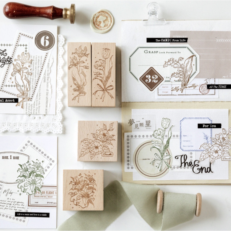 Con dấu gỗ trang trí FOUR WILD FLOWERS Series