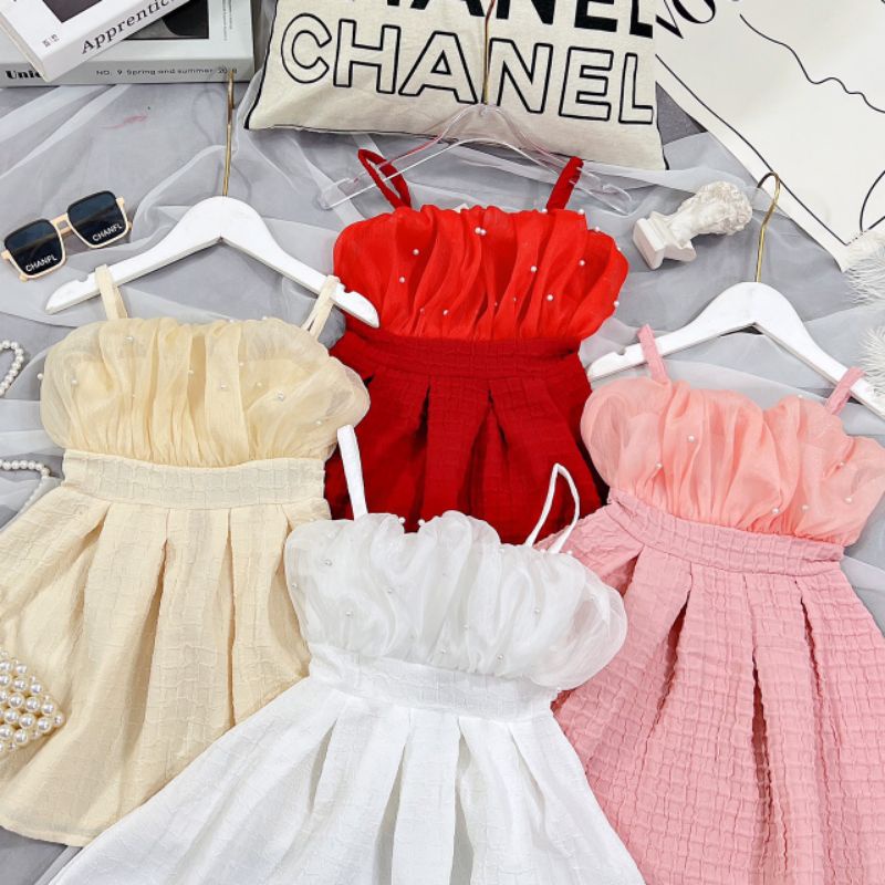 Váy 2 dây thiết kế tơ ren ngực phối tùng xốp vân nổi xoè bé gái