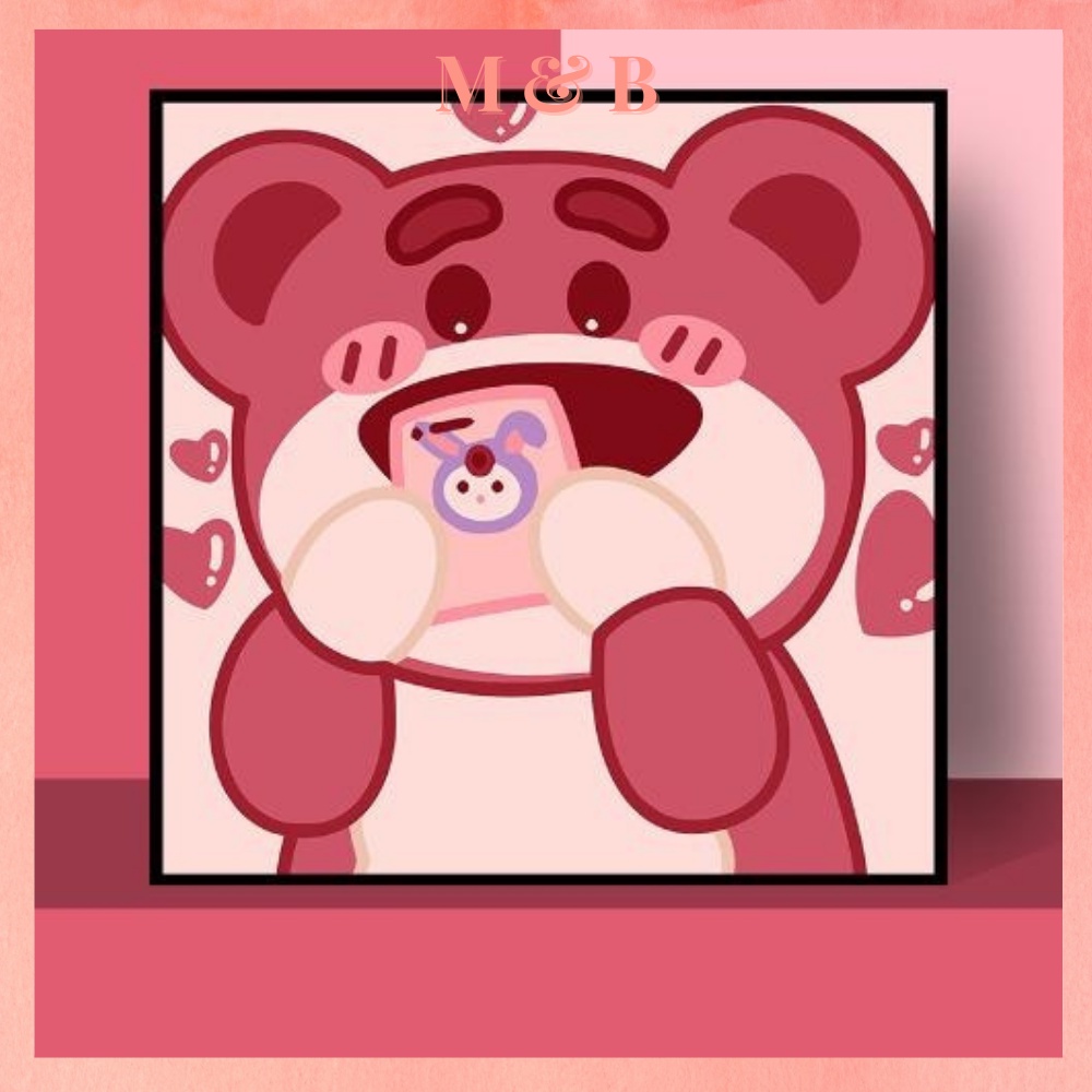 Tranh số hóa 20x20, Tranh Tô Màu gấu Lotso Strawberry bear gấu dâu hồng tặng kèm bộ màu và bút vẽ