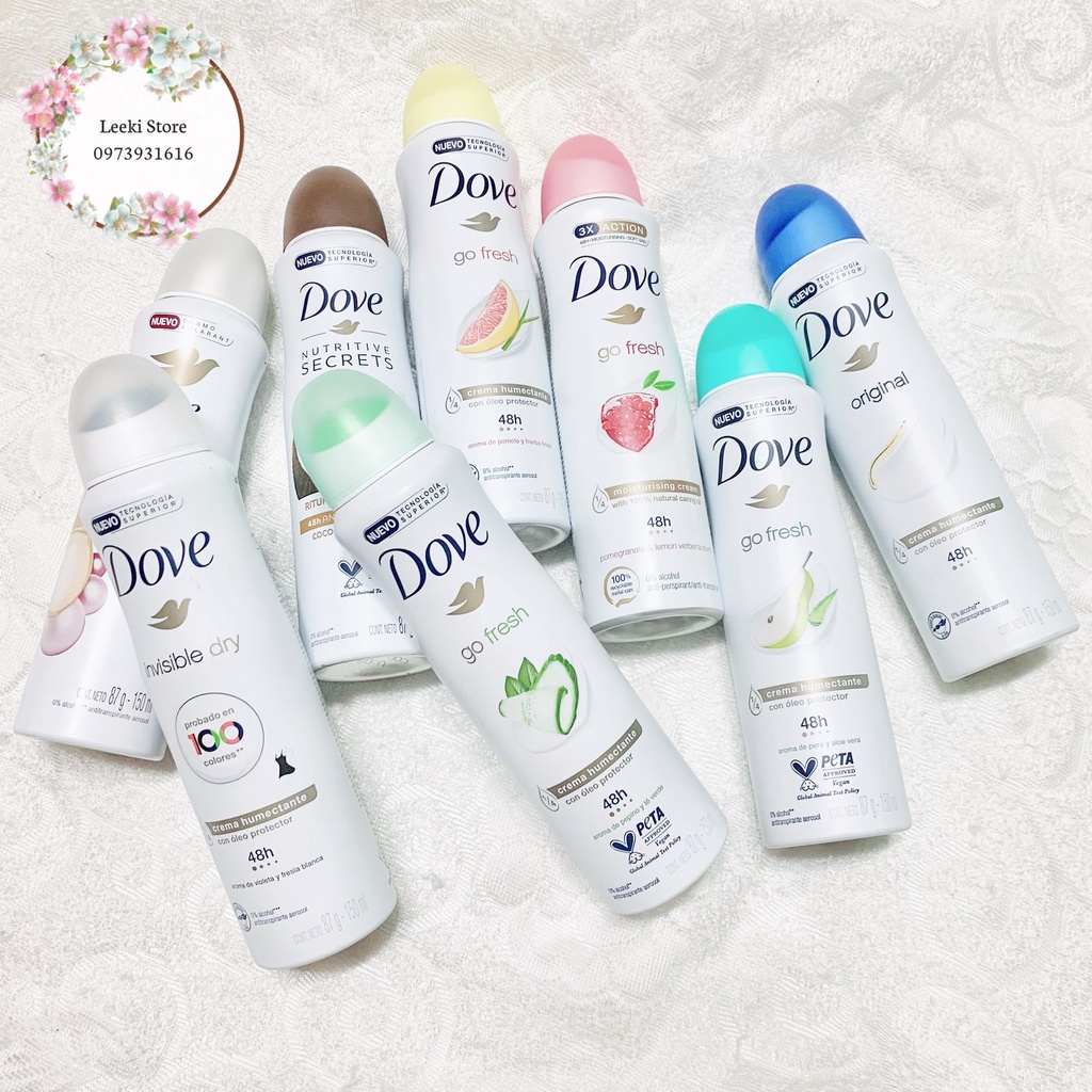 Xịt Khử Mùi Dove Dưỡng Da Sáng Mịn Dành Cho Nữ 150ml - Hương thơm ngọt ngào, dễ thương, khử mùi 48h.