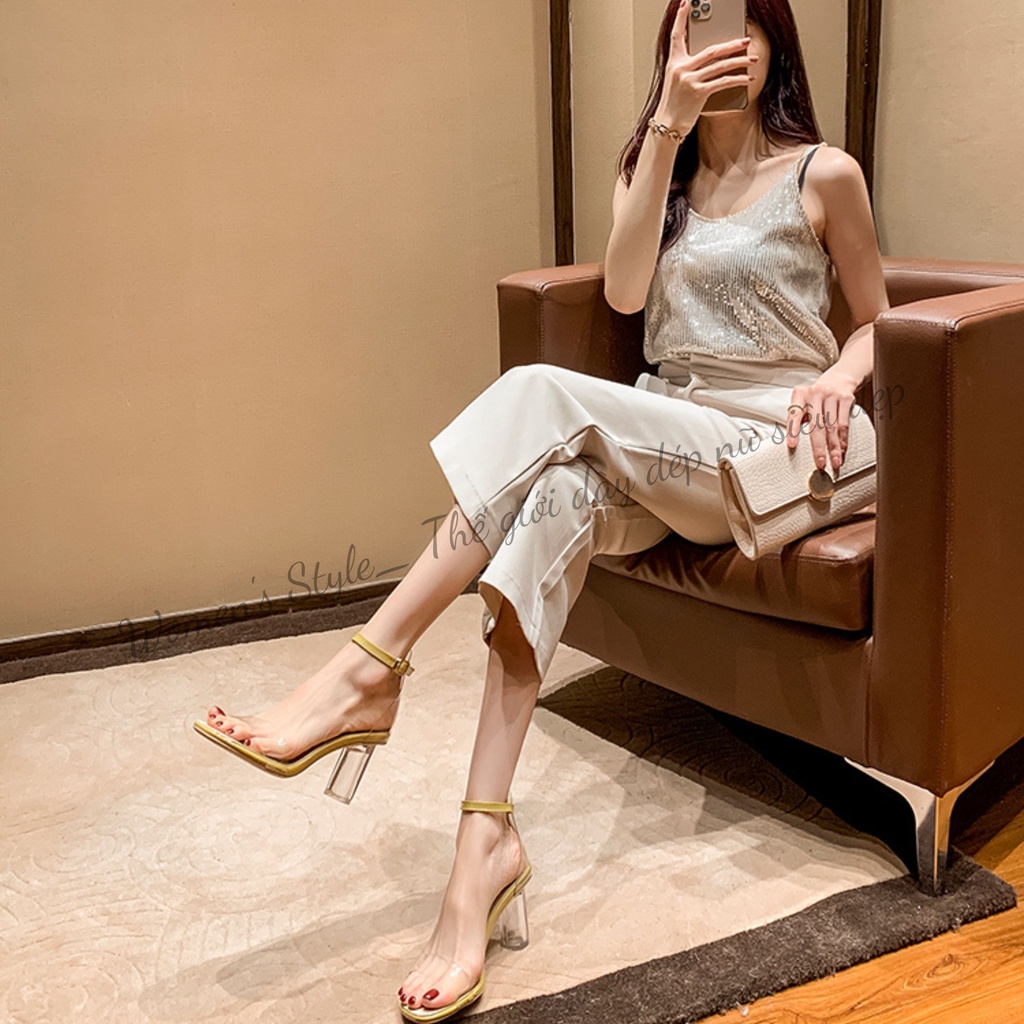 Sandal cao gót 7 phân Womenstyle quai trong suốt, Giày cao gót hở mũi gót trong 3 màu trắng, đen, vàng mã TD31