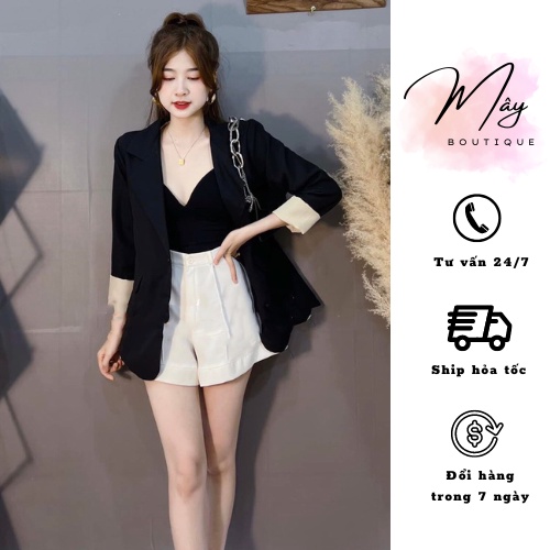 Áo vest nữ tay lật 2 lớp 2 cúc màu be đen I ÁO BLAZER NỮ BASSIC HÀNG ĐẸP