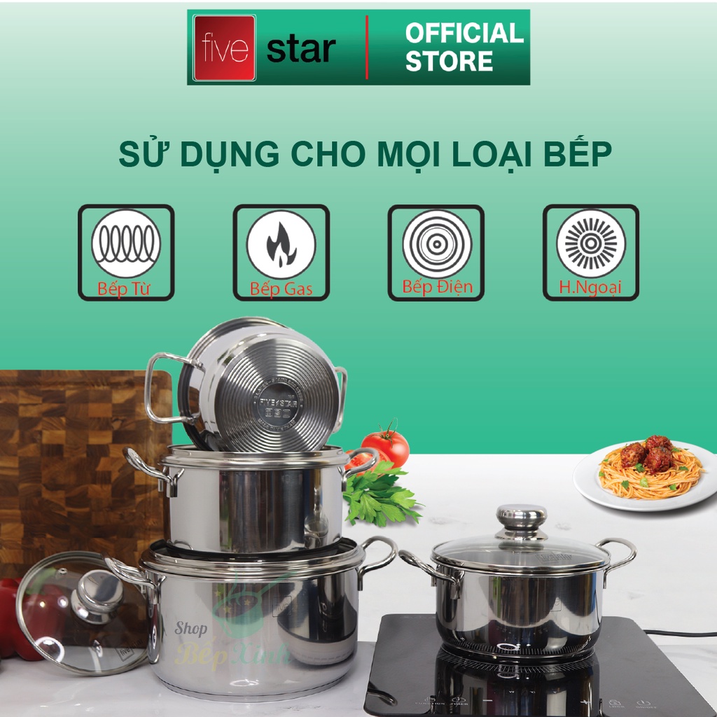 Bộ nồi chảo inox Fivestar 5 chiếc nắp kính 3 đáy, dày 0.8mm ,dùng được bếp từ, hồng ngoại , gas