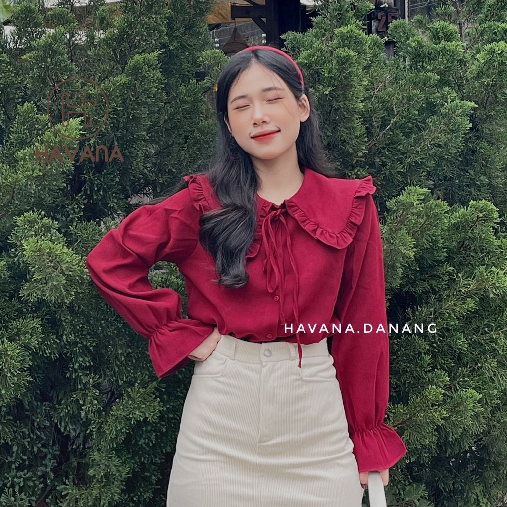 Áo sơ mi nhung bèo trơn buộc dây cùng màu mới, áo kiểu tay bèo hai màu freesize AE363