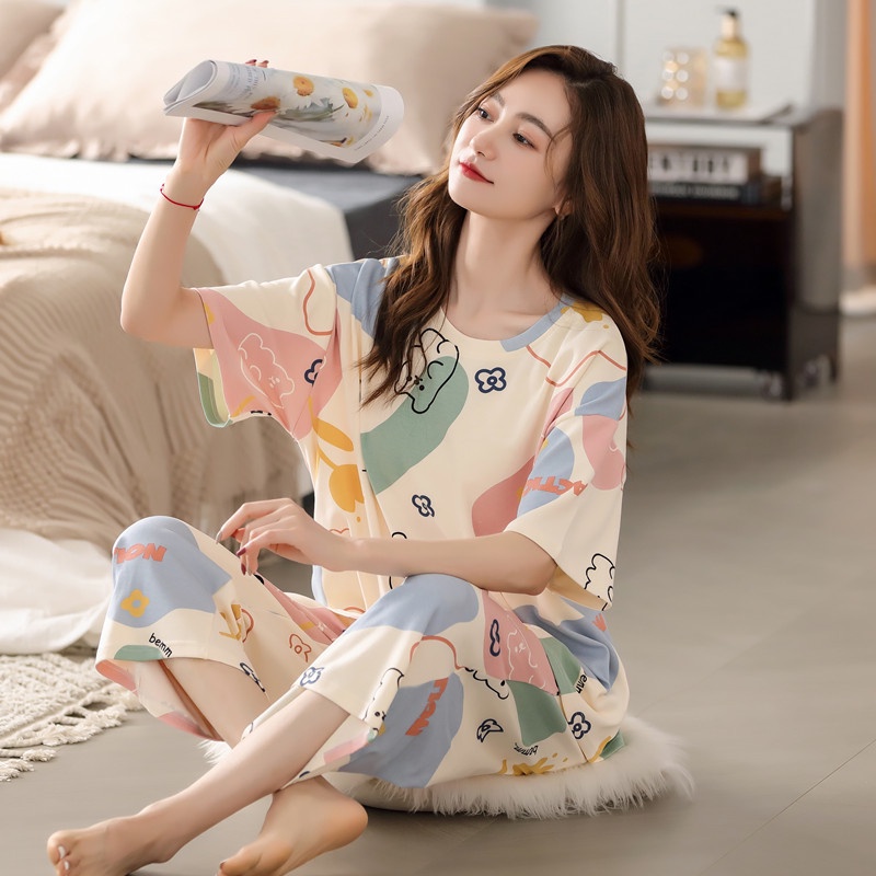 Bộ Đồ Ngủ Vải Cotton Tay Ngắn Dáng Rộng Cỡ Lớn Thời Trang Mùa Hè Cho Nữ