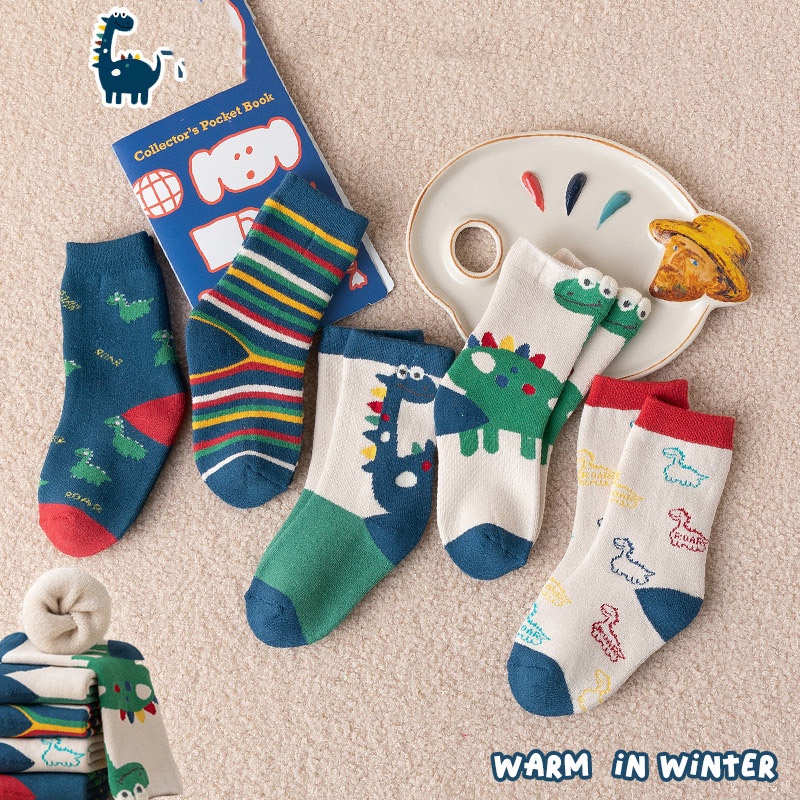 CATIMINI Bộ 5 Đôi Vớ Cổ Vừa Thấm Hút Mồ Hôi Thoáng Khí In Hoạt Hình Khủng Long Dễ Thương Cho Bé Trai