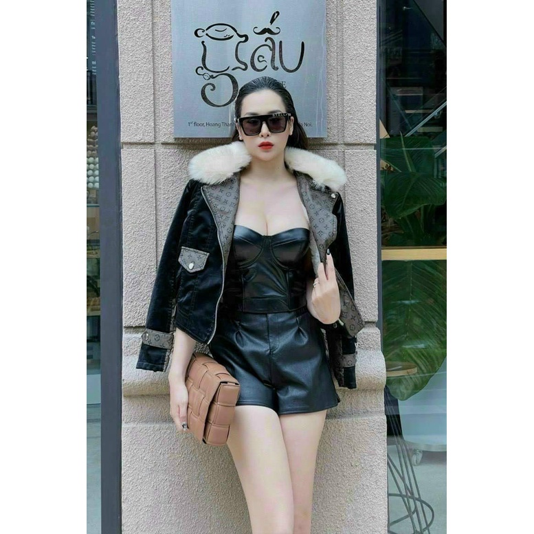 Áo khoác da nữ cổ lông họa tiết LV cao cấp SHOPSIEURE88