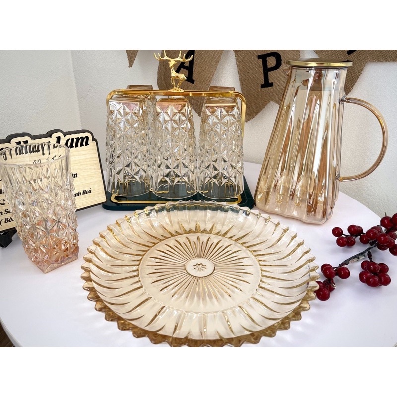 Khay Thuỷ Tinh, Dĩa Thuỷ Tinh Pha Lê Tròn 30cm - Vân Nổi Hoạ Tiết Mặt Trời, Đựng Trái Cây, Bánh Kẹo, Khay Ly...