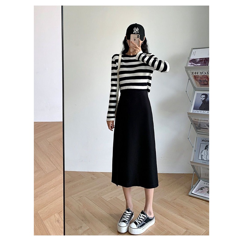 Chân váy Midi xẻ tà dài dáng suông đơn giản cá tính phong cách sang trọng có big size, vải tuyết mưa vitex dày dặn mã072