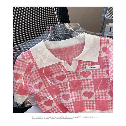 Áo loang màu áo croptop Áo polo Dệt Kim Tay Ngắn Họa Tiết Sọc Caro Phong Cách Preppy Ngọt Ngào